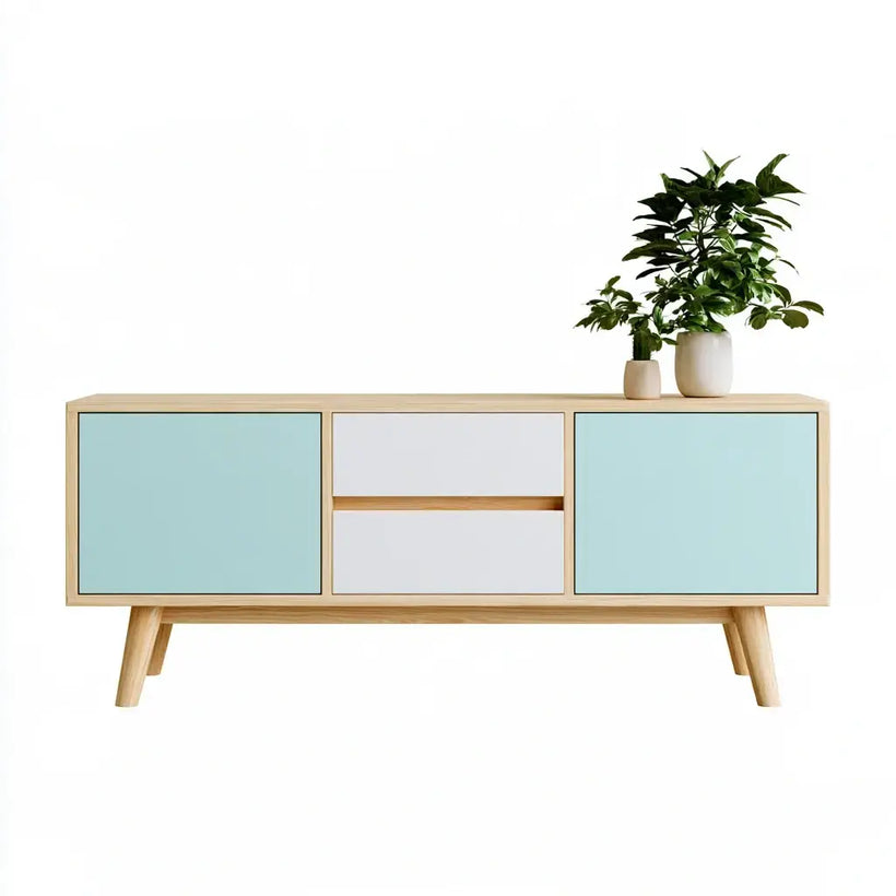 Aparador bajo Vardica con puertas laterales y cajones centrales en colores verde, blanco y beige, diseñado para almacenamiento elegante.