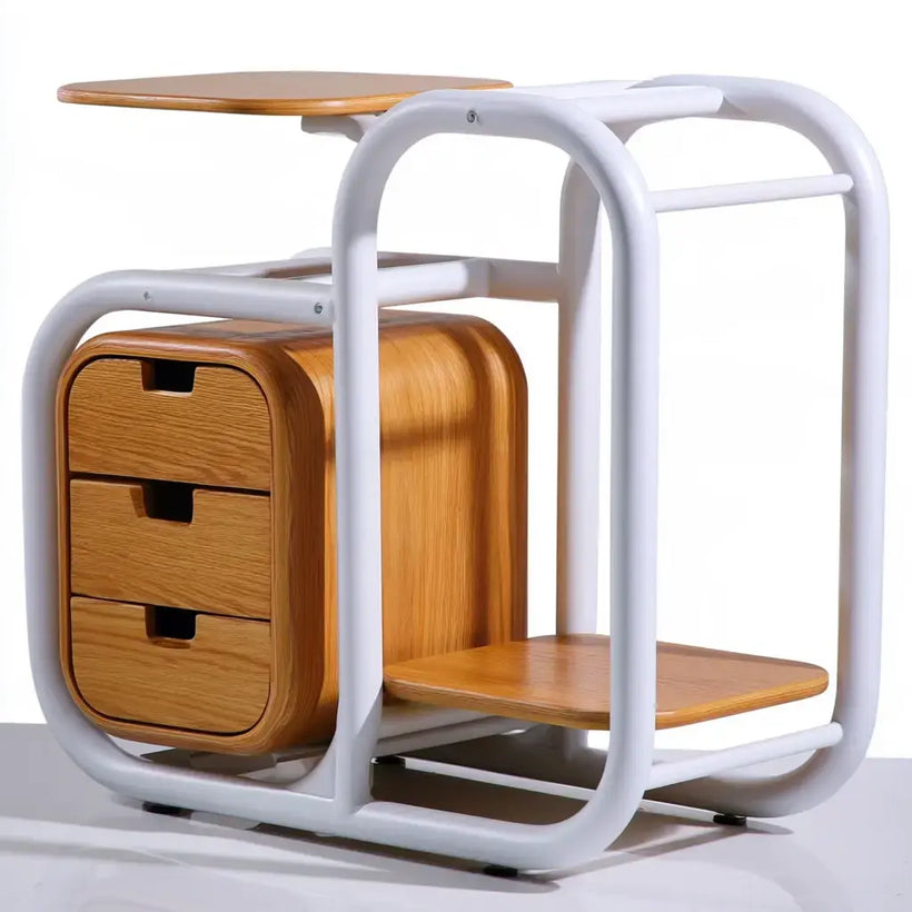 Mesa auxiliar Vardica con estructura tubular blanca y cajones marrones, ideal para sala o dormitorio.