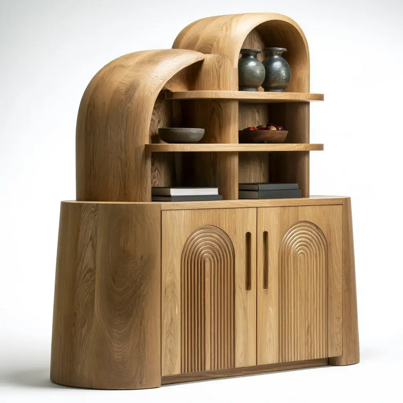 Aparador marrón con puertas arqueadas y estantes superiores de la marca Vardica, ideal para decorar y almacenar en el hogar.
