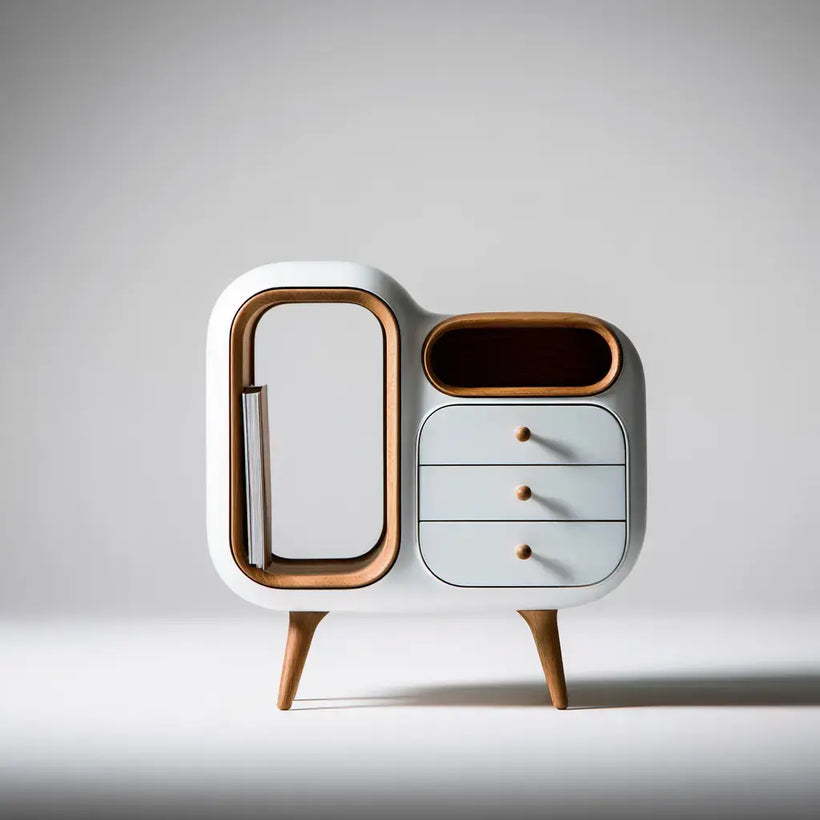 Aparador Vardica blanco y marrón con cajones laterales y puerta redondeada, diseño elegante para sala o comedor.