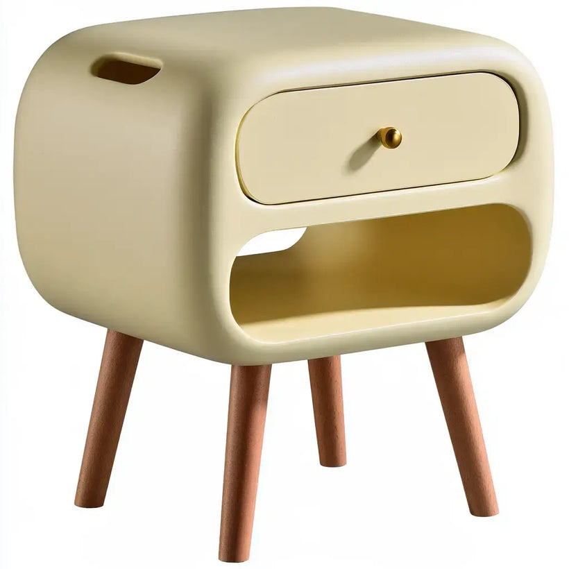 Mesita de noche beige con cajón y nicho redondeado de la marca Vardica, mostrando su diseño funcional y elegante.