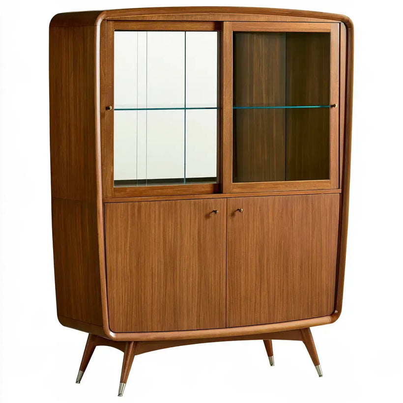 Vitrina Vardica con esquinas curvas y puertas inferiores en color marrón, mobiliario de almacenamiento elegante y funcional.