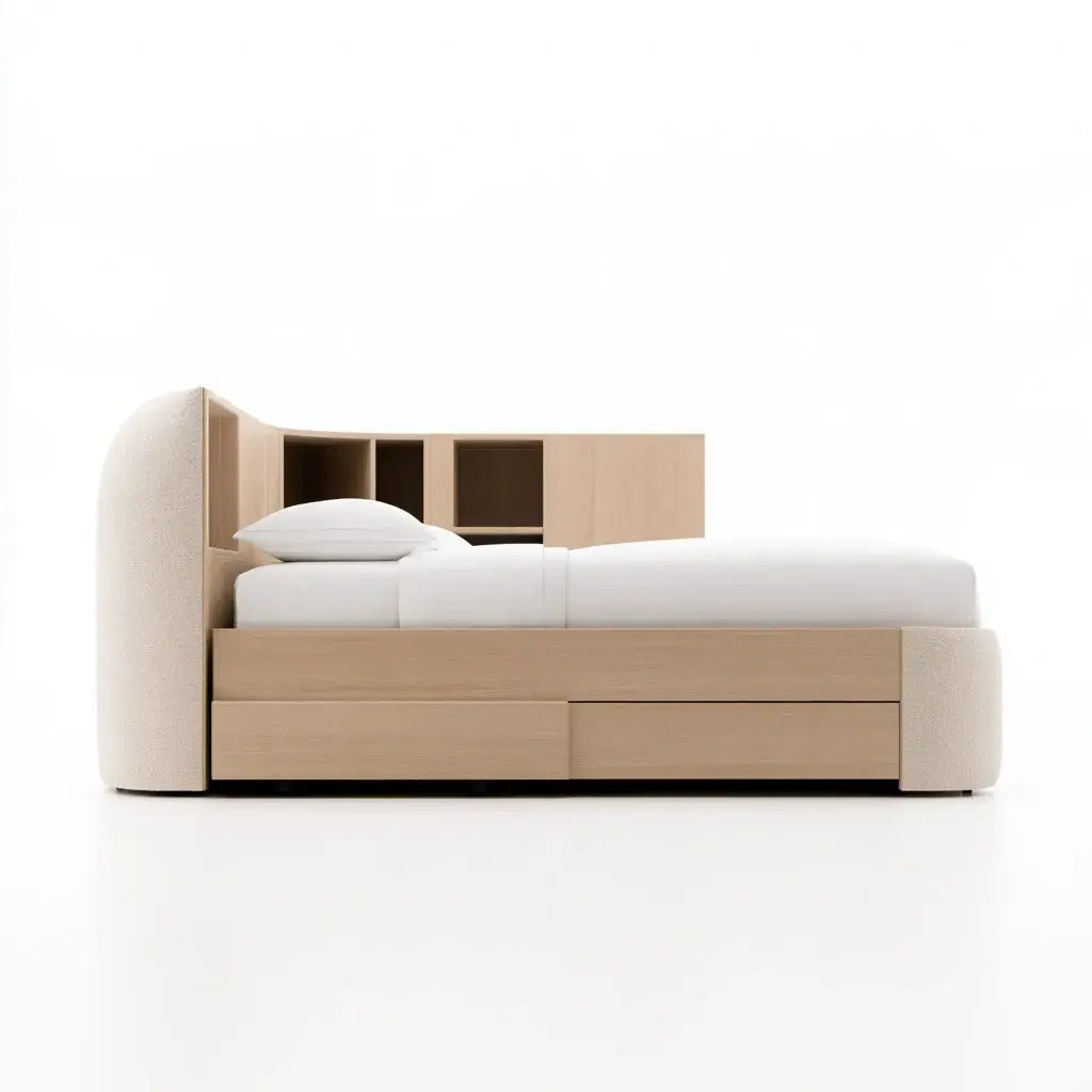 Cama con cabecero de nichos y base cerrada - beige