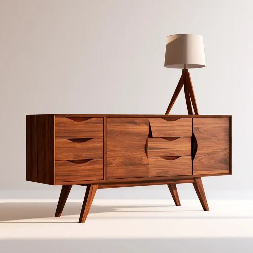 Aparador marrón con frentes geométricos y patas inclinadas de la marca Vardica, diseño moderno y elegante.