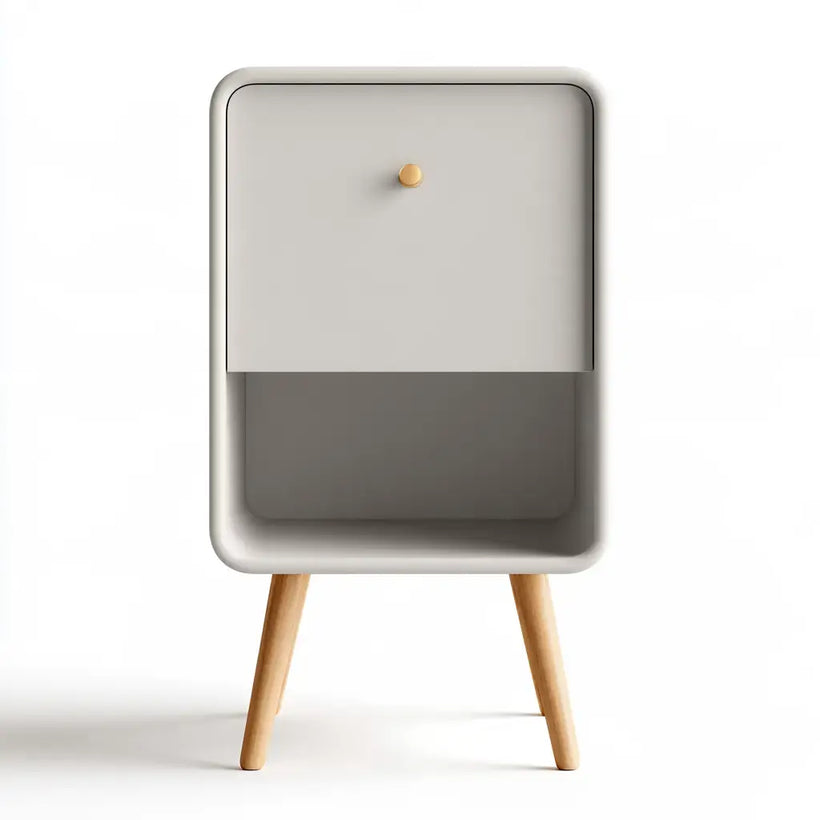 Mesita de noche beige de Vardica con cajón vertical y hueco inferior para almacenamiento.