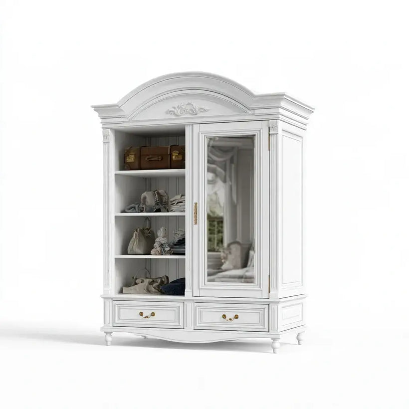 Vitrina blanca con remate curvo y cajones bajos, mueble de almacenamiento de la marca Vardica, en acabado moderno y elegante.