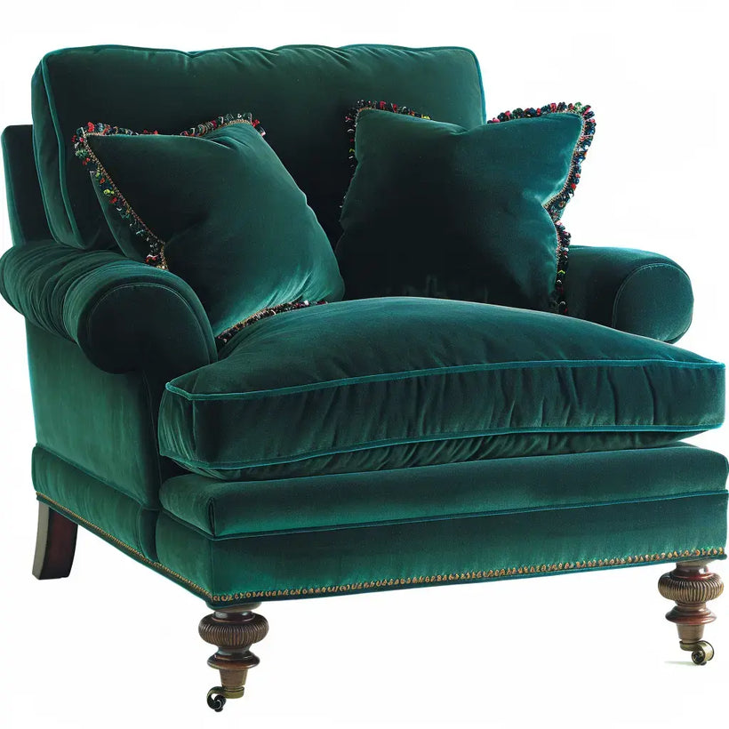 Sillón con brazos redondos y cojines decorativos en color verde, estilo moderno, marca Vardica, llegada nueva
