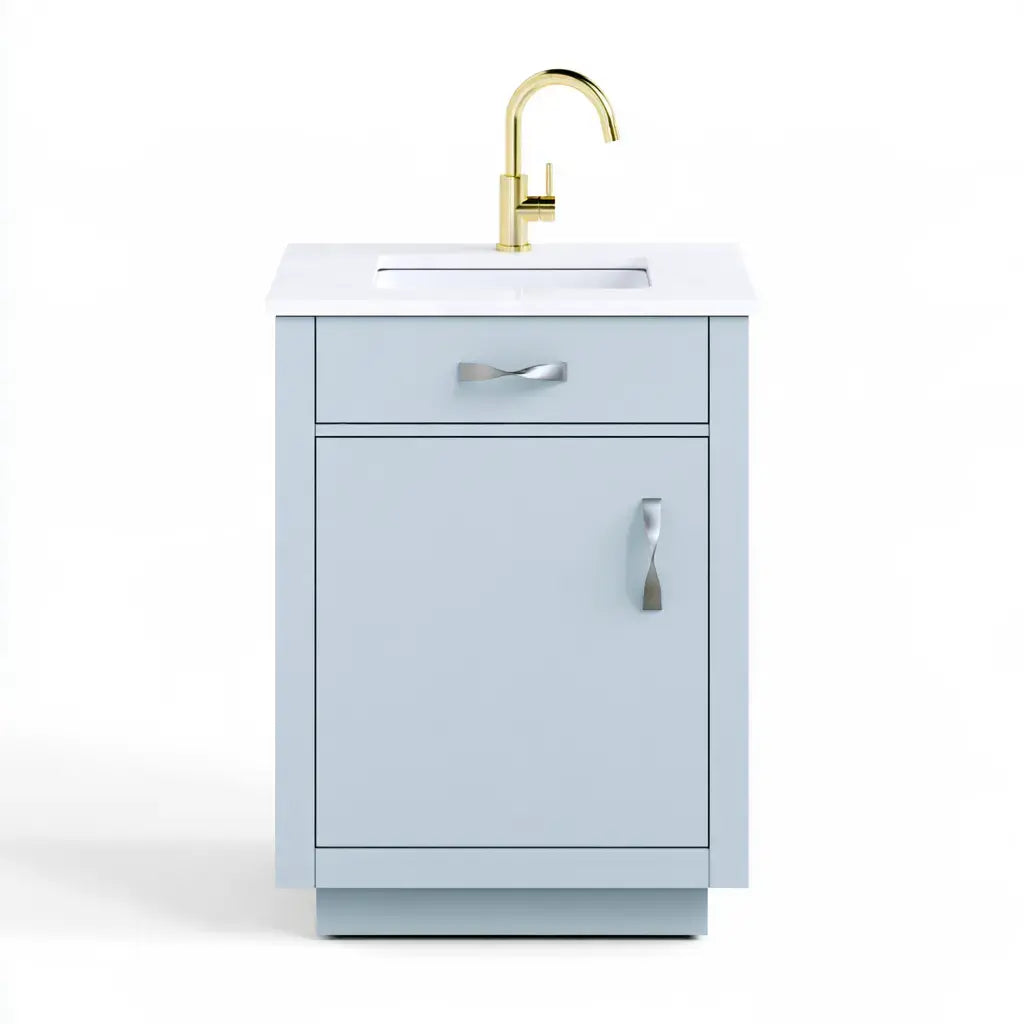 Mueble de baño con puerta inferior y lavabo superior - azul/blanco